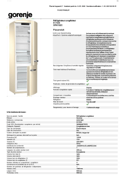 Gorenje ORK192C Réfrigérateur combiné Product fiche
