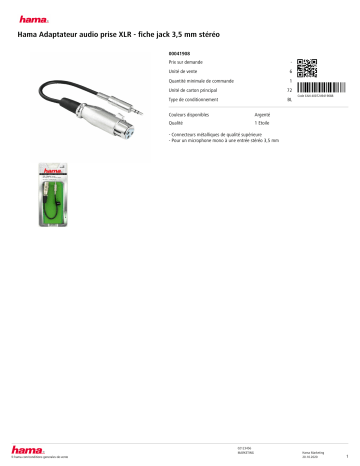 Product information | Hama audio prise XLR/jack 3.5 mm stereo Adaptateur Product fiche | Fixfr