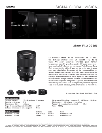 Product information | Sigma 35mm F1.2 DG DN Art Sony E Objectif pour Hybride Plein Format Product fiche | Fixfr