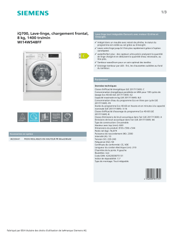 Product information | Siemens WI14W548FF Lave linge hublot encastrable Product fiche | Fixfr