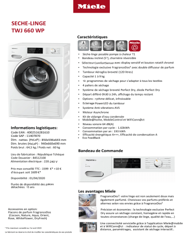 Product information | Miele TWJ 660 WP Sèche linge pompe à chaleur Product fiche | Fixfr