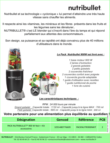 Product information | Nutribullet 900W Noir + Kit accessoires Blender Product fiche | Fixfr