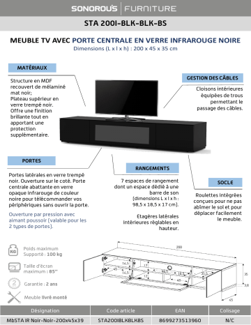 Product information | Meliconi Studio STA 200 Noir Porte IR Meuble TV Product fiche | Fixfr