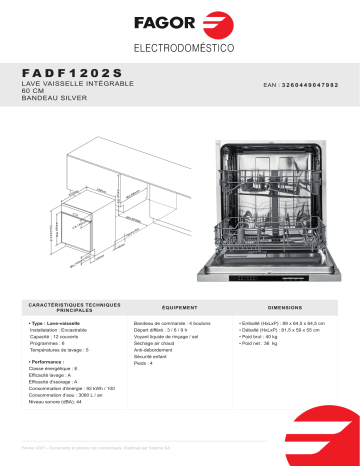 Product information | Fagor FADF1202S Lave vaisselle tout intégrable Product fiche | Fixfr