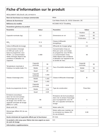 Product information | Miele WCG 660 Lave linge hublot Product fiche | Fixfr