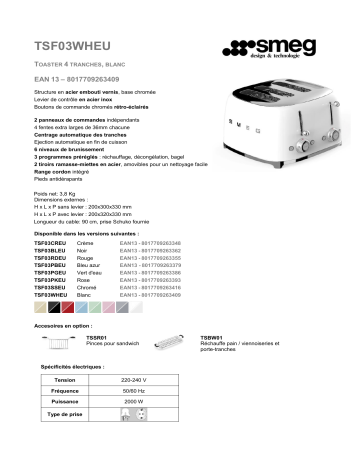 Product information | Smeg TSF03WHEU Blanc Grille-pain Product fiche | Fixfr