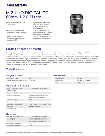 Product information | Olympus 60mm f/2.8 Macro M.Zuiko Objectif pour Hybride Product fiche | Fixfr