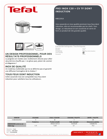 Product information | Tefal Pro Inox diam 20 cm induction H8612414 Casserole Product fiche | Fixfr