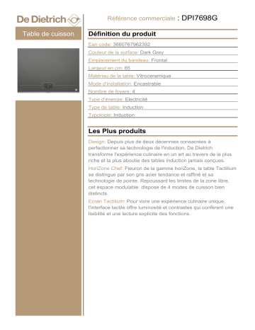 Product information | De Dietrich DPI7698G Table induction Product fiche | Fixfr