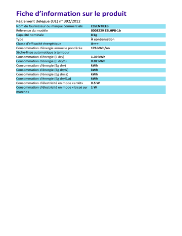 Product information | Essentielb ESLHP8-1b Sèche linge pompe à chaleur Product fiche | Fixfr