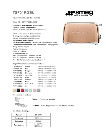 Product information | Smeg TSF01RGEU Cuivre Grille-pain Product fiche | Fixfr