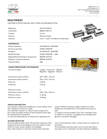Product information | Marcato Atlas 150 et 3 accessoires multipast Machine à pâtes Product fiche | Fixfr