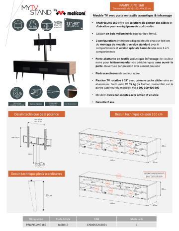 Product information | Meliconi Pampelune 160 cm bois Meuble TV Product fiche | Fixfr