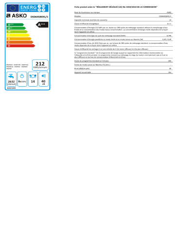 Product information | Asko DSD645BXXL/1 Lave vaisselle tout intégrable Manuel utilisateur | Fixfr