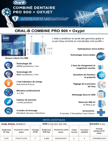 Product information | Oral-B Oxyjet + Pro 900 Combiné dentaire Product fiche | Fixfr
