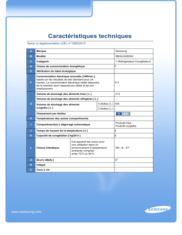 Product information | Samsung RB30J3000SA/EF Réfrigérateur 2 portes Product fiche | Fixfr