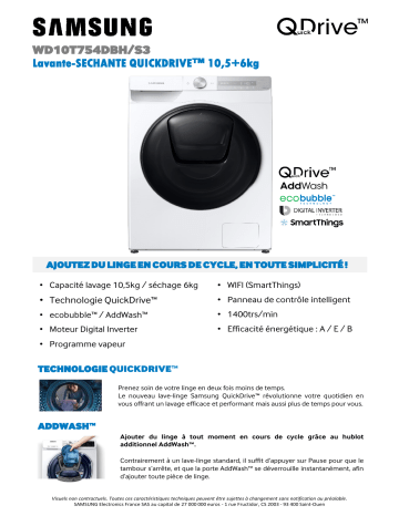 Product information | Samsung WD10T754DBH Quickdrive Lave linge séchant hublot Product fiche | Fixfr