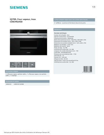 Product information | Siemens CD634GAS0 IQ700 Four encastrable Product fiche | Fixfr