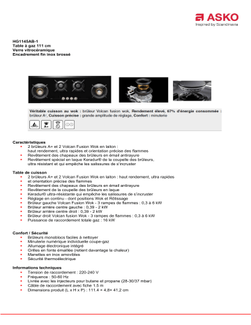 Product information | Asko HG1145AB-1 Table gaz Product fiche | Fixfr