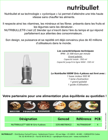 Manuel du propriétaire | Nutribullet 600W Gris + Kit accessoires Blender Owner's Manual | Fixfr