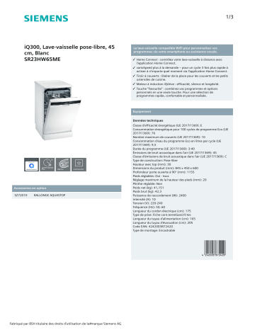 Product information | Siemens SR23HW65ME IQ300 Lave vaisselle 45 cm Product fiche | Fixfr