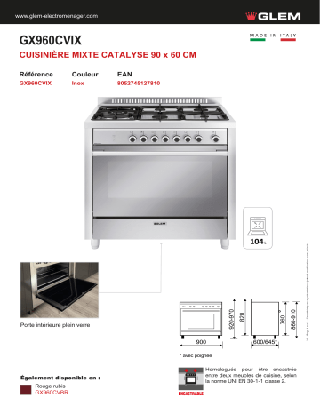 Product information | Glem GX960CVIX Piano de cuisson mixte Product fiche | Fixfr