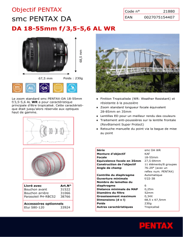 Product information | Pentax SMC DA 18-55mm f/3.5-5.6 AL WR Objectif pour Reflex Product fiche | Fixfr