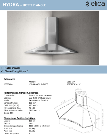 Product information | Elica HYDRA ANG IX F/100 Hotte décorative murale Product fiche | Fixfr