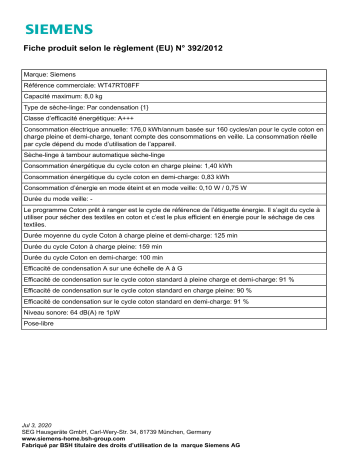 Product information | Siemens WT47RT08FF iSensoric Sèche linge pompe à chaleur Product fiche | Fixfr