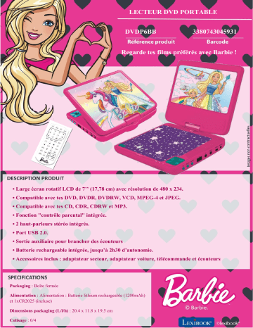 Product information | Lexibook DVDP6BB Barbie Lecteur DVD portable Product fiche | Fixfr