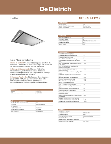 Product information | De Dietrich DHL7173X Hotte plafond Product fiche | Fixfr