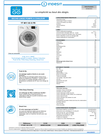 Product information | Indesit YTM1183XFR Sèche linge pompe à chaleur Product fiche | Fixfr