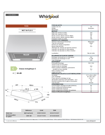 Product information | Whirlpool WCT64FLSX Groupe filtrant Product fiche | Fixfr