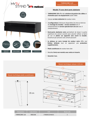 Product information | Meliconi Tarragone 120 cm noir Meuble TV Product fiche | Fixfr