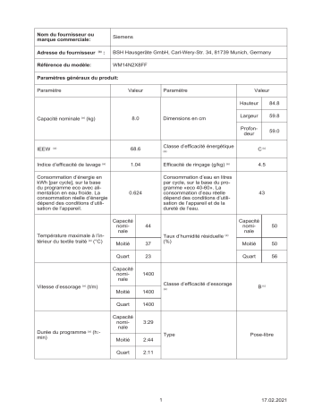 Product information | Siemens WM14N2X8FF Lave linge hublot Product fiche | Fixfr