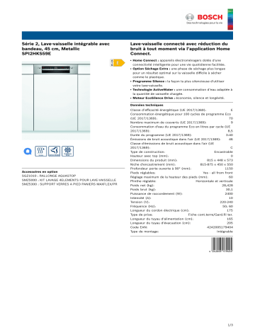 Product information | Bosch SPI2HKS59E SERIE 2 Lave vaisselle encastrable 45 cm Product fiche | Fixfr