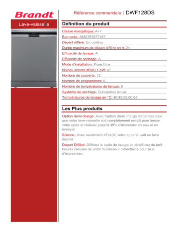 Product information | Brandt DWF128DS Lave vaisselle 60 cm Product fiche | Fixfr