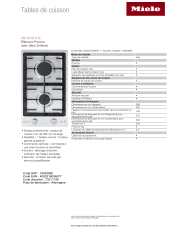 Product information | Miele CS 1012-2 G Domino gaz Product fiche | Fixfr