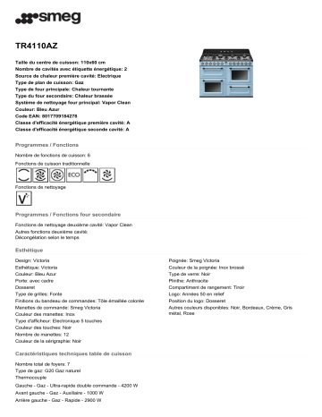 Product information | Smeg TR4110AZ Piano de cuisson gaz Product fiche | Fixfr