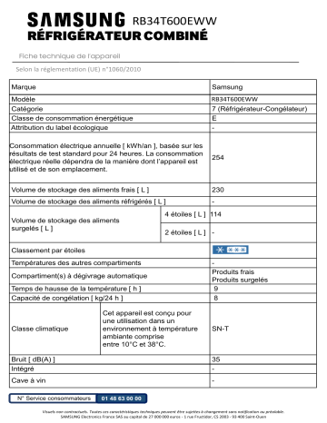 Product information | Samsung RB34T600EWW Réfrigérateur combiné Product fiche | Fixfr