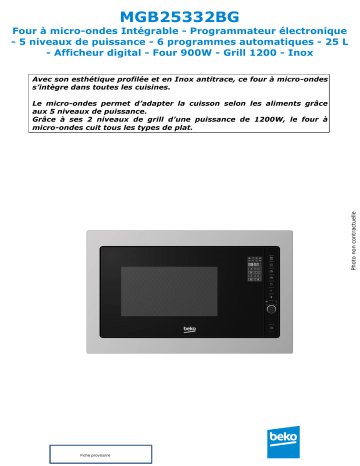 Product information | Beko MGB25332BG Micro ondes Product fiche | Fixfr