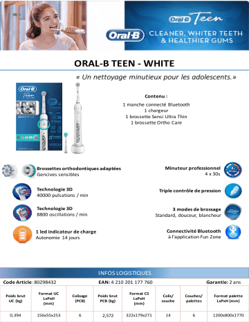 Product information | Oral-B Teen + brossettes ortho Brosse à dents électrique Product fiche | Fixfr