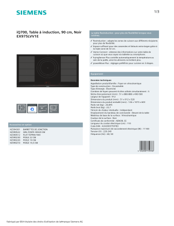 Product information | Siemens EX975LVV1E HOME CONNECT Table induction Product fiche | Fixfr