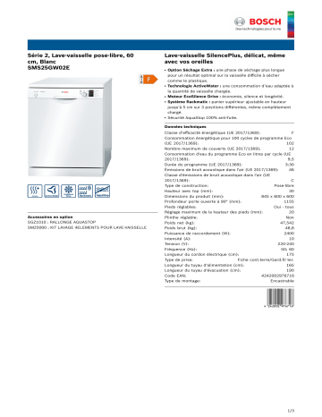 Product information | Bosch SMS25GW02E SERIE 2 Lave vaisselle 60 cm Product fiche | Fixfr