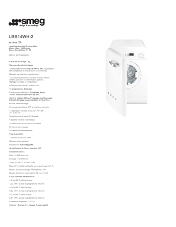 Product information | Smeg LBB14WH-2 Lave linge hublot Product fiche | Fixfr