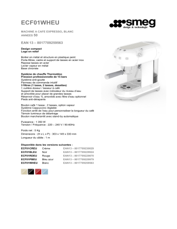 Product information | Smeg ECF01WHEU Blanc Machine à expresso Product fiche | Fixfr