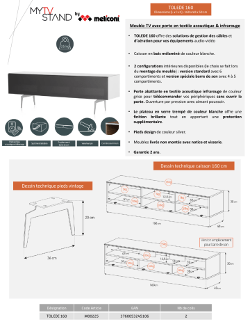 Product information | Meliconi Tolède 160 cm blanc Meuble TV Product fiche | Fixfr