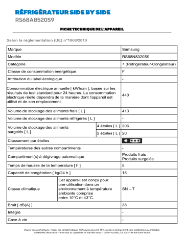 Product information | Samsung RS68N8320S9 Réfrigérateur Américain Product fiche | Fixfr