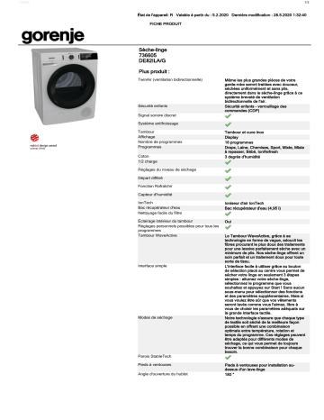 Product information | Gorenje DE82ILA/G Sèche linge pompe à chaleur Product fiche | Fixfr