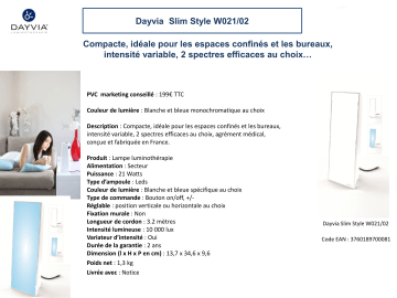 Product information | Dayvia Slim Style W021/02 Luminothérapie Product fiche | Fixfr